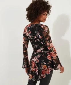 Floral Lace Overlay Fluted Sleeve Top