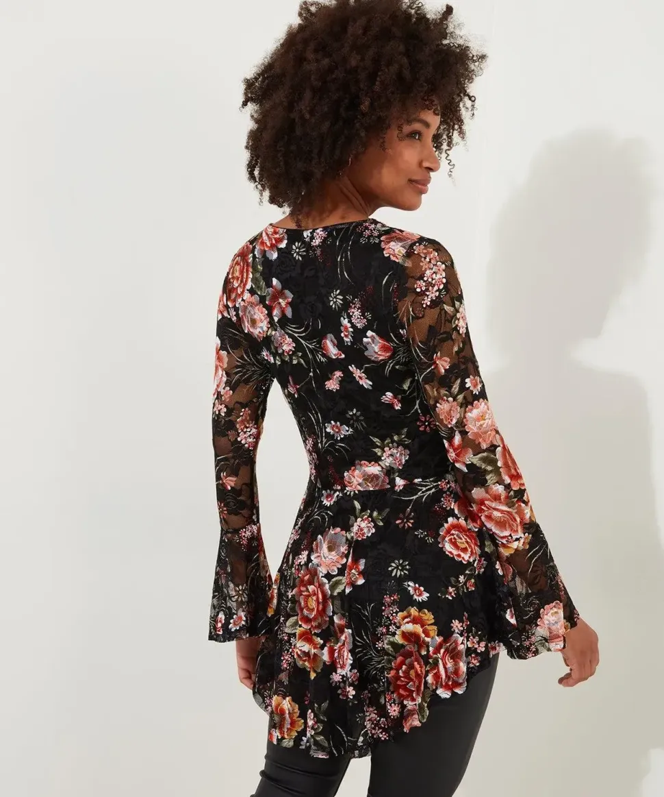 Floral Lace Overlay Fluted Sleeve Top