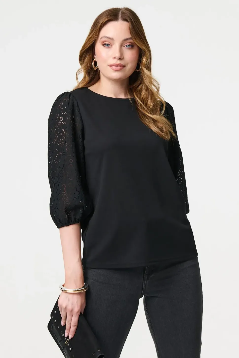 Floral Lace 3/4 Puff Sleeve Blouse