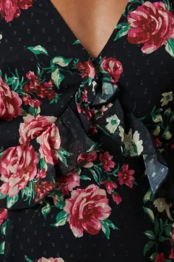 Floral Lace Sleeve Ruffle Front Midi Dress