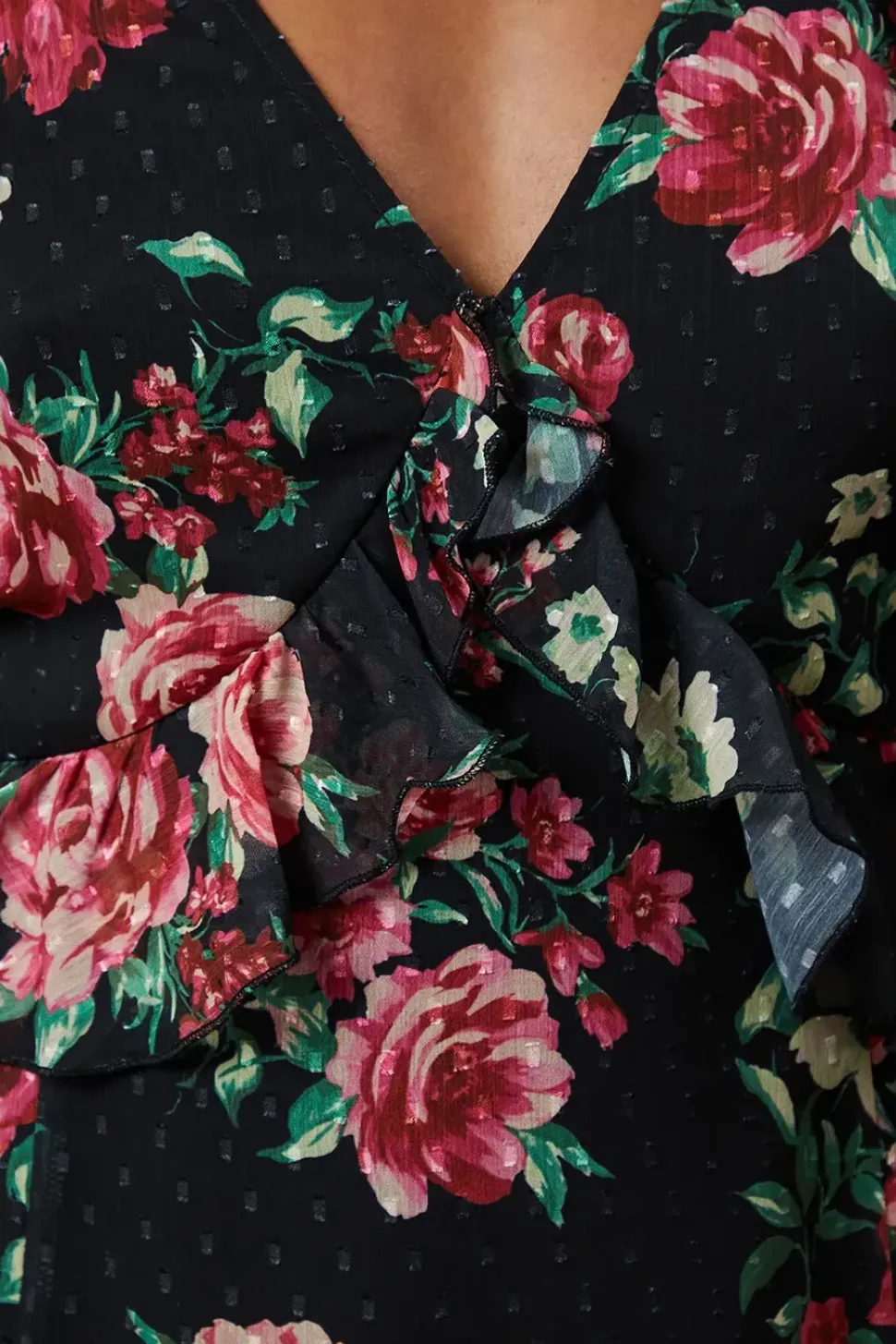Floral Lace Sleeve Ruffle Front Midi Dress