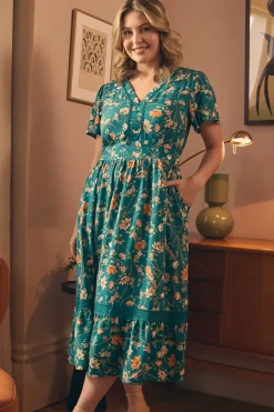 Floral Lace Trim Short Sleeve Midi Dress