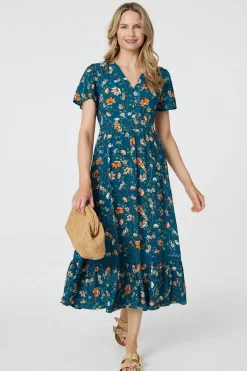 Floral Lace Trim Short Sleeve Midi Dress