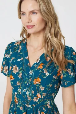 Floral Lace Trim Short Sleeve Midi Dress