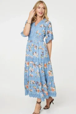 Floral Lace Trim Tiered Maxi Dress