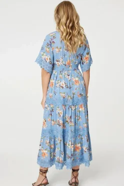 Floral Lace Trim Tiered Maxi Dress