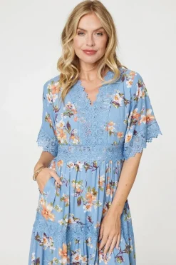 Floral Lace Trim Tiered Maxi Dress