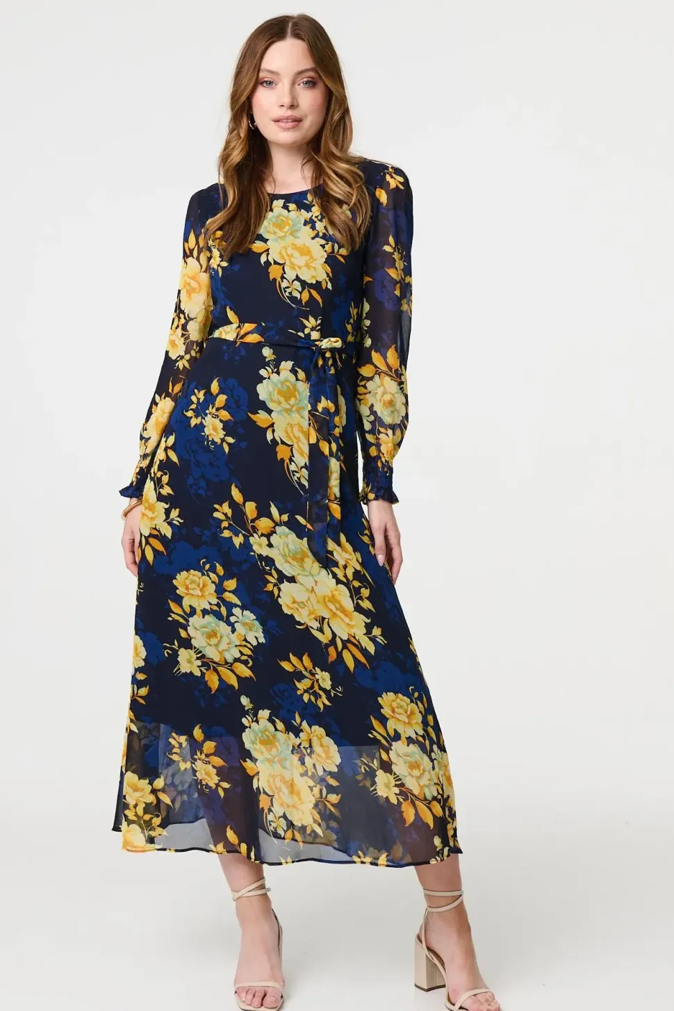 Floral Long Sleeve Chiffon Midi Dress