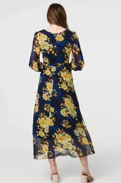 Floral Long Sleeve Chiffon Midi Dress