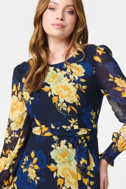 Floral Long Sleeve Chiffon Midi Dress