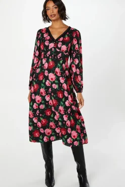 Floral Long Sleeve Lace Trim Button Front Midi Dress