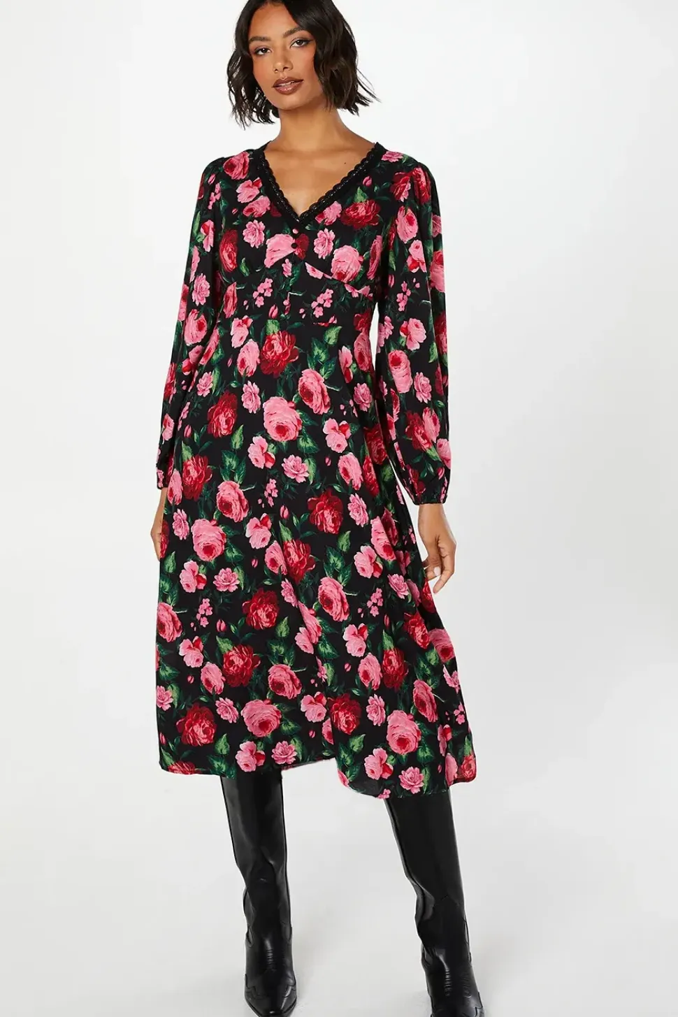 Floral Long Sleeve Lace Trim Button Front Midi Dress