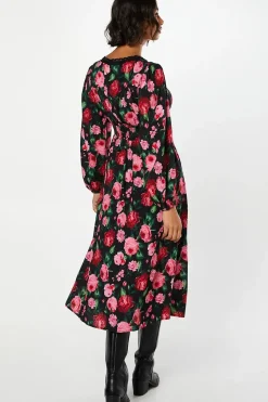 Floral Long Sleeve Lace Trim Button Front Midi Dress