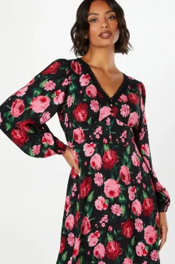 Floral Long Sleeve Lace Trim Button Front Midi Dress