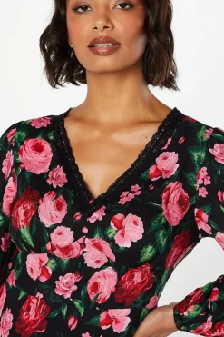 Floral Long Sleeve Lace Trim Button Front Mini Dress