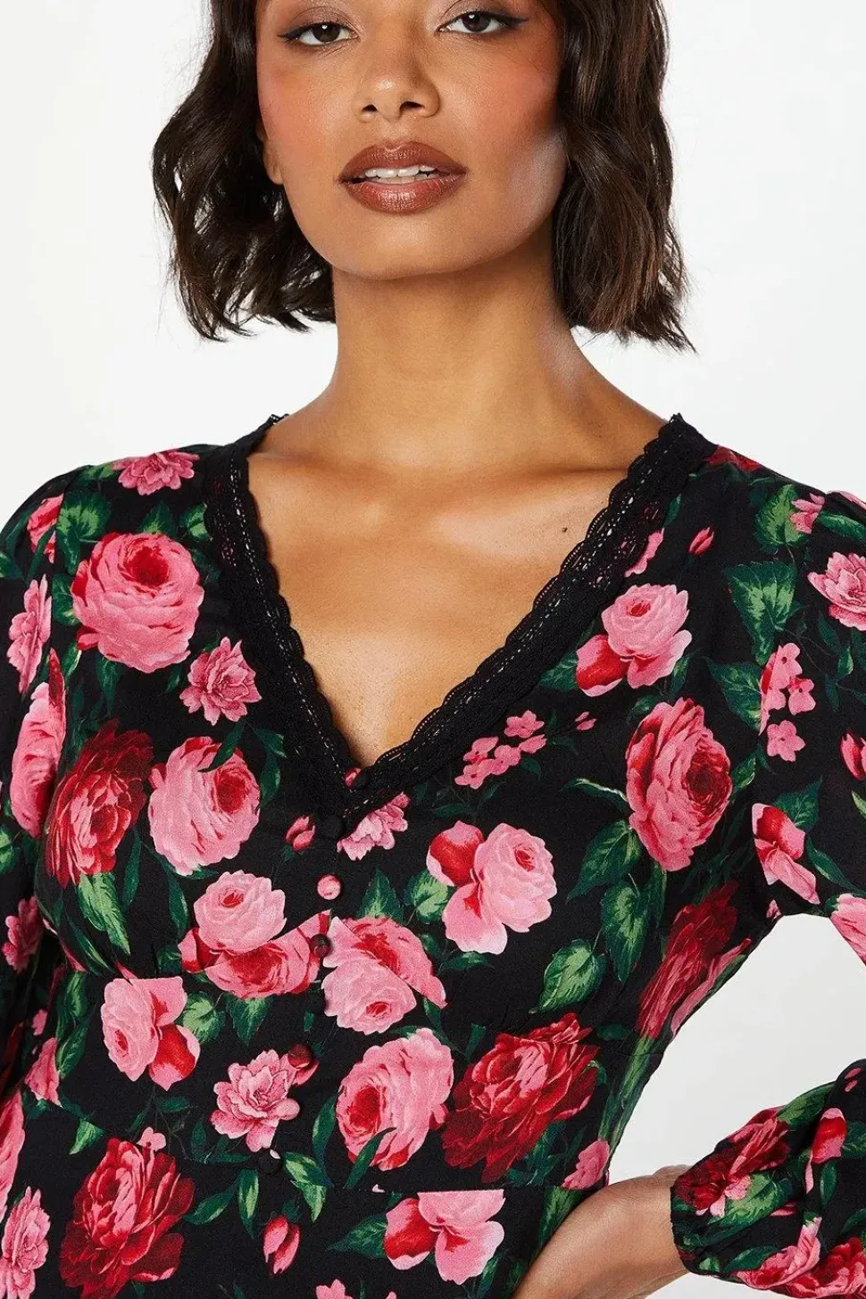 Floral Long Sleeve Lace Trim Button Front Mini Dress