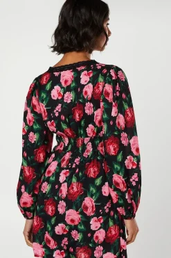 Floral Long Sleeve Lace Trim Button Front Mini Dress