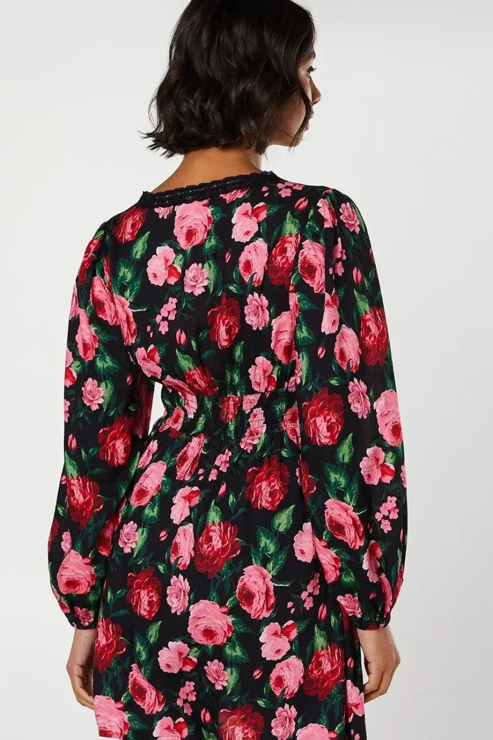 Floral Long Sleeve Lace Trim Button Front Mini Dress