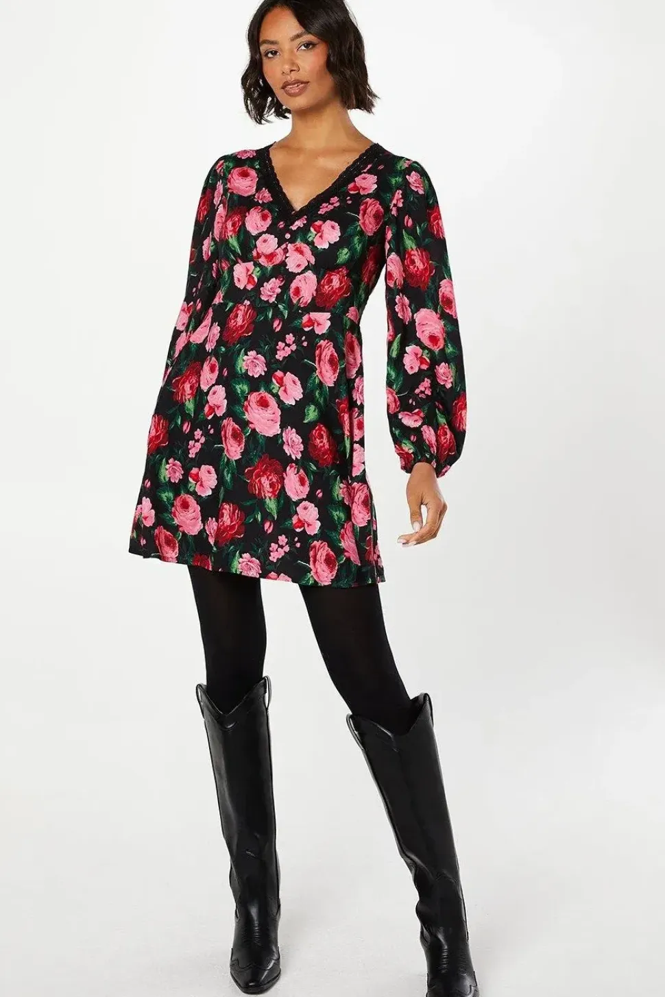 Floral Long Sleeve Lace Trim Button Front Mini Dress