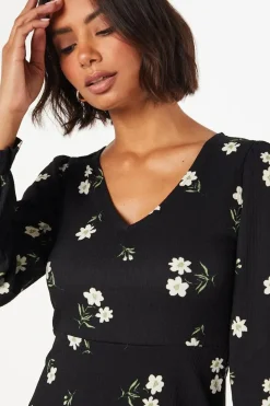 Floral Long Sleeve V Neck Mini Dress