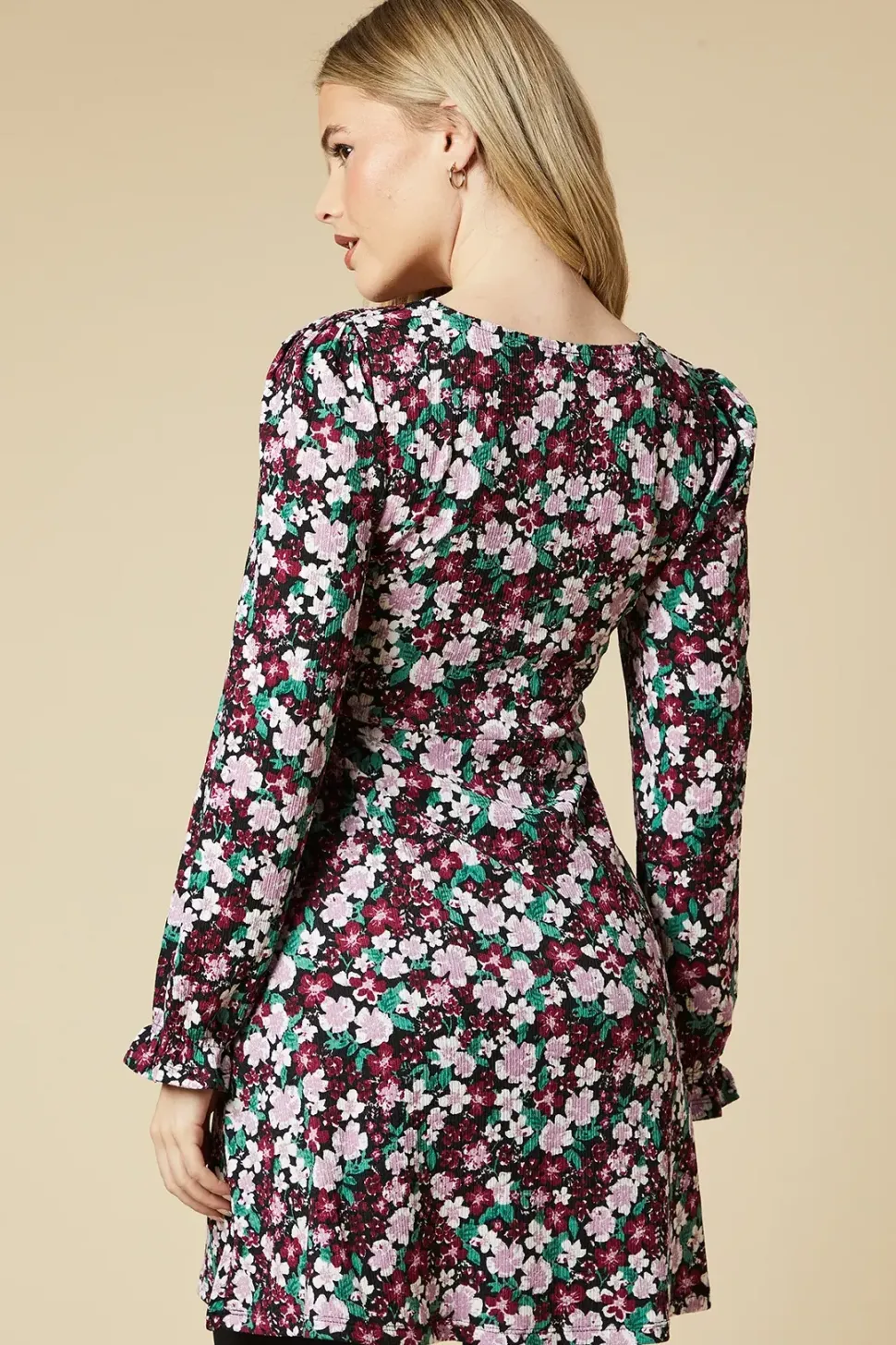 Floral Long Sleeve V Neck Mini Dress