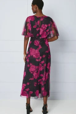 Floral Mesh Blouson Midaxi Dress