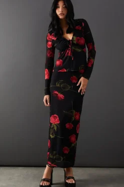 Floral Mesh Gathered Drawstring Fitted Top