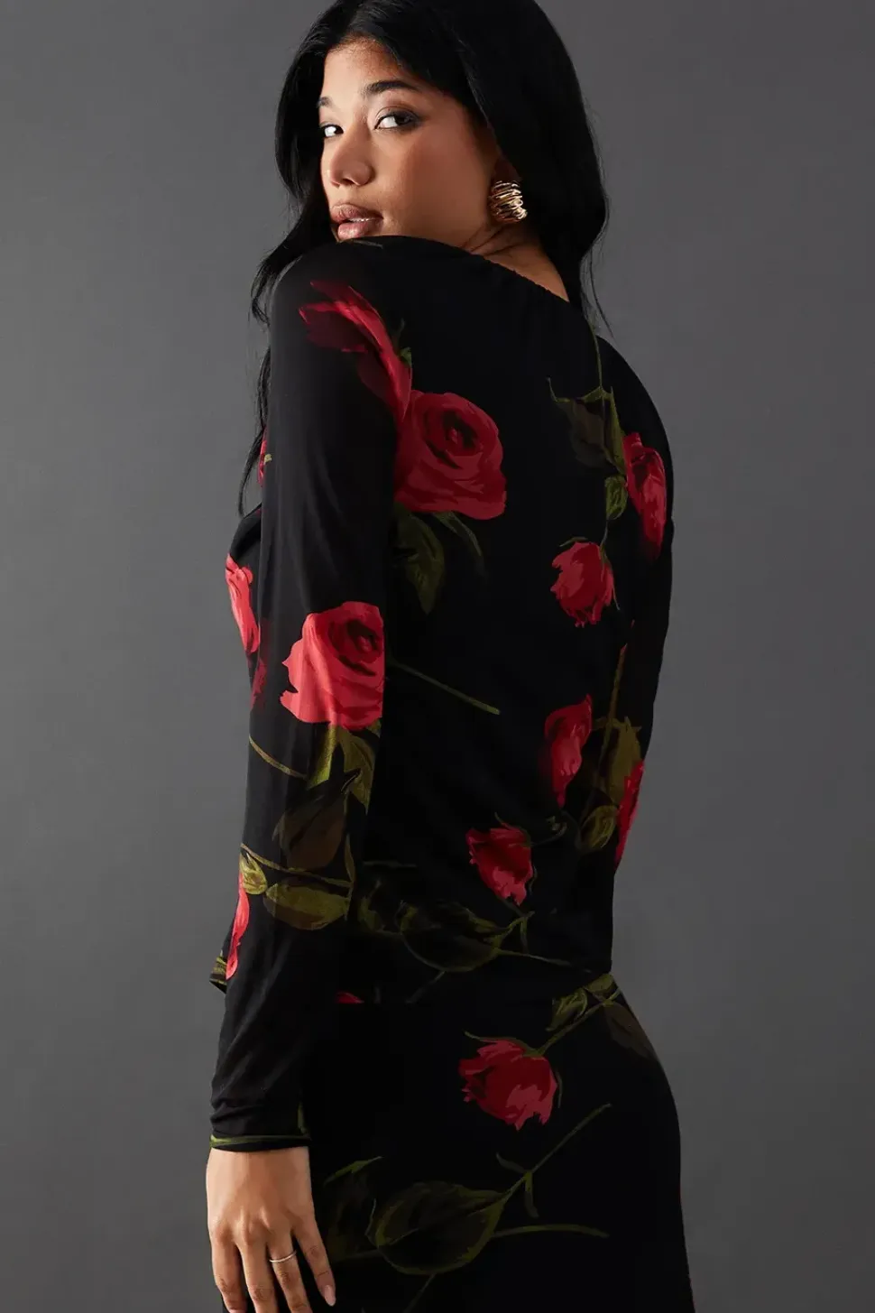 Floral Mesh Gathered Drawstring Fitted Top