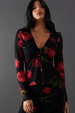 Floral Mesh Gathered Drawstring Fitted Top