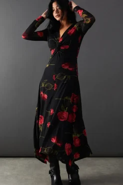 Floral Mesh Knot Front Plunge Neck Hanky Hem Midi Dress