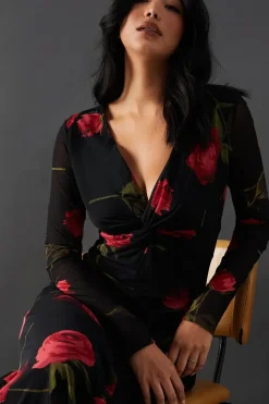 Floral Mesh Knot Front Plunge Neck Hanky Hem Midi Dress