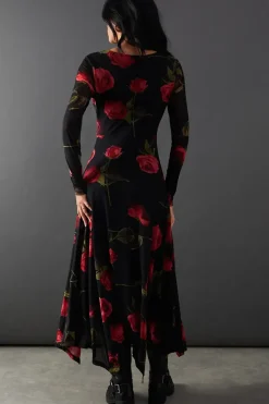 Floral Mesh Knot Front Plunge Neck Hanky Hem Midi Dress