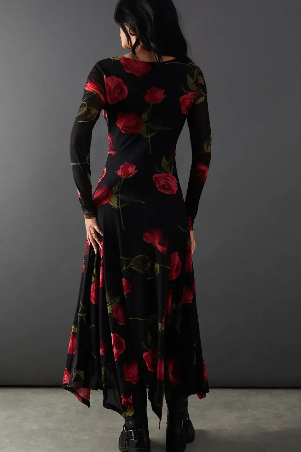 Floral Mesh Knot Front Plunge Neck Hanky Hem Midi Dress