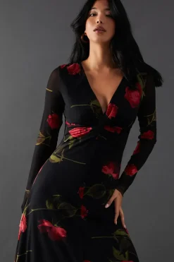 Floral Mesh Knot Front Plunge Neck Hanky Hem Midi Dress
