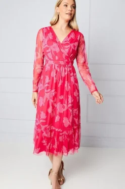 Floral Mesh Ruffle Midi Dress