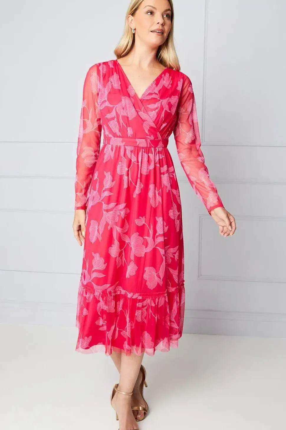 Floral Mesh Ruffle Midi Dress