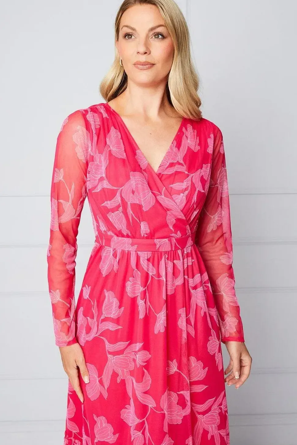 Floral Mesh Ruffle Midi Dress