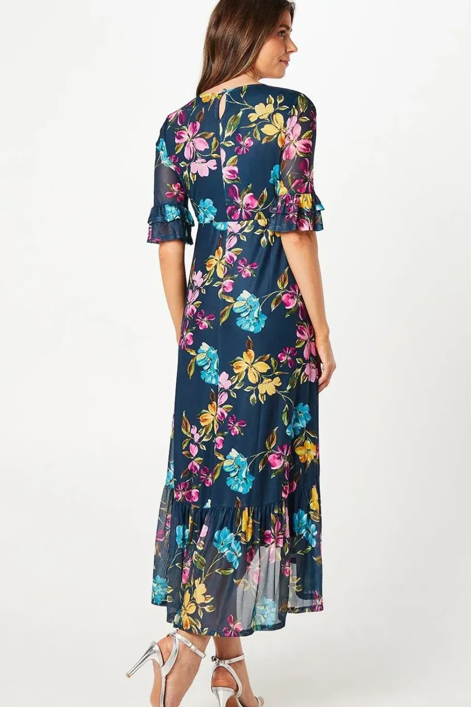 Floral Mesh Ruffle Sleeve Midaxi Dress