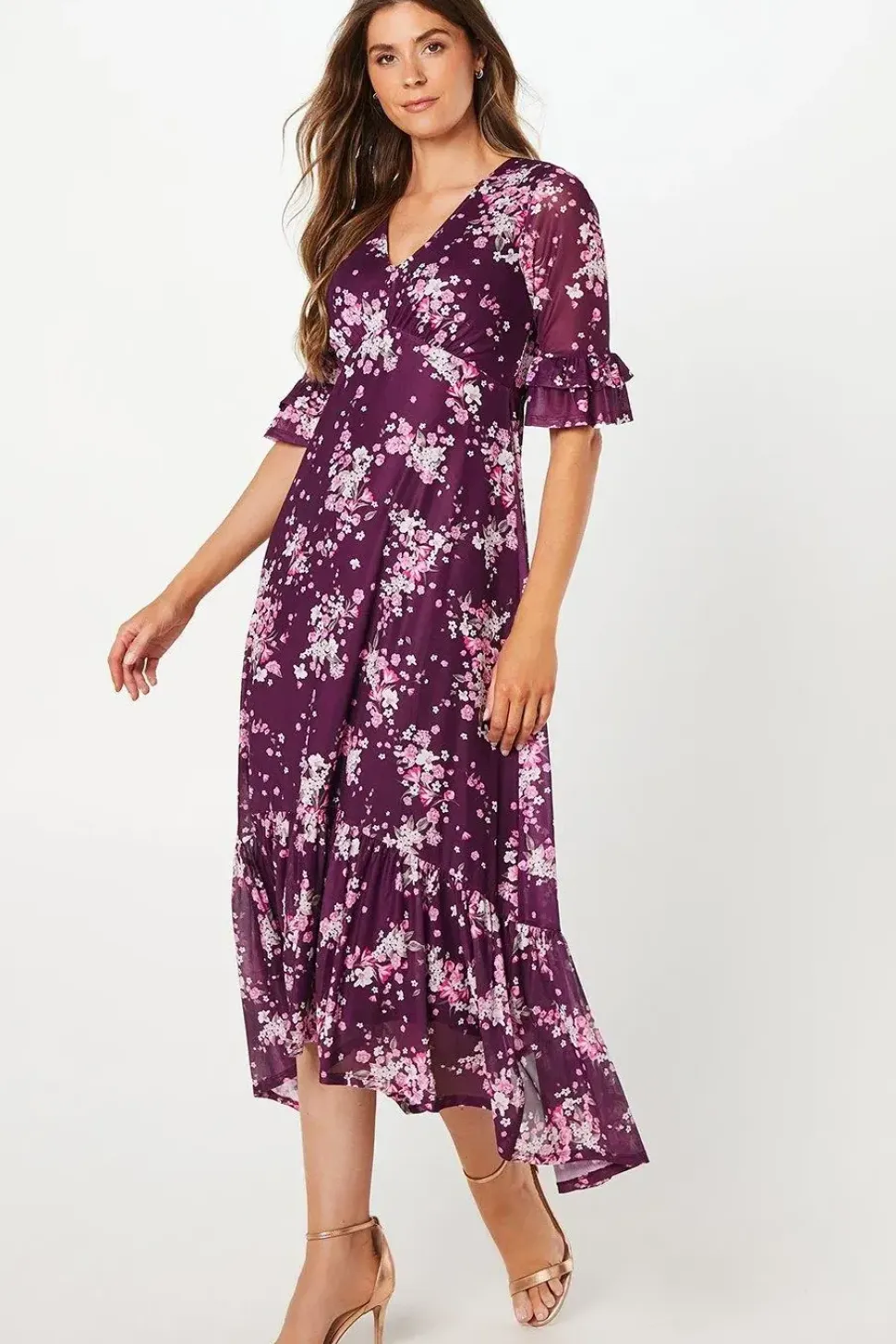 Floral Mesh Ruffle Sleeve Midaxi Dress