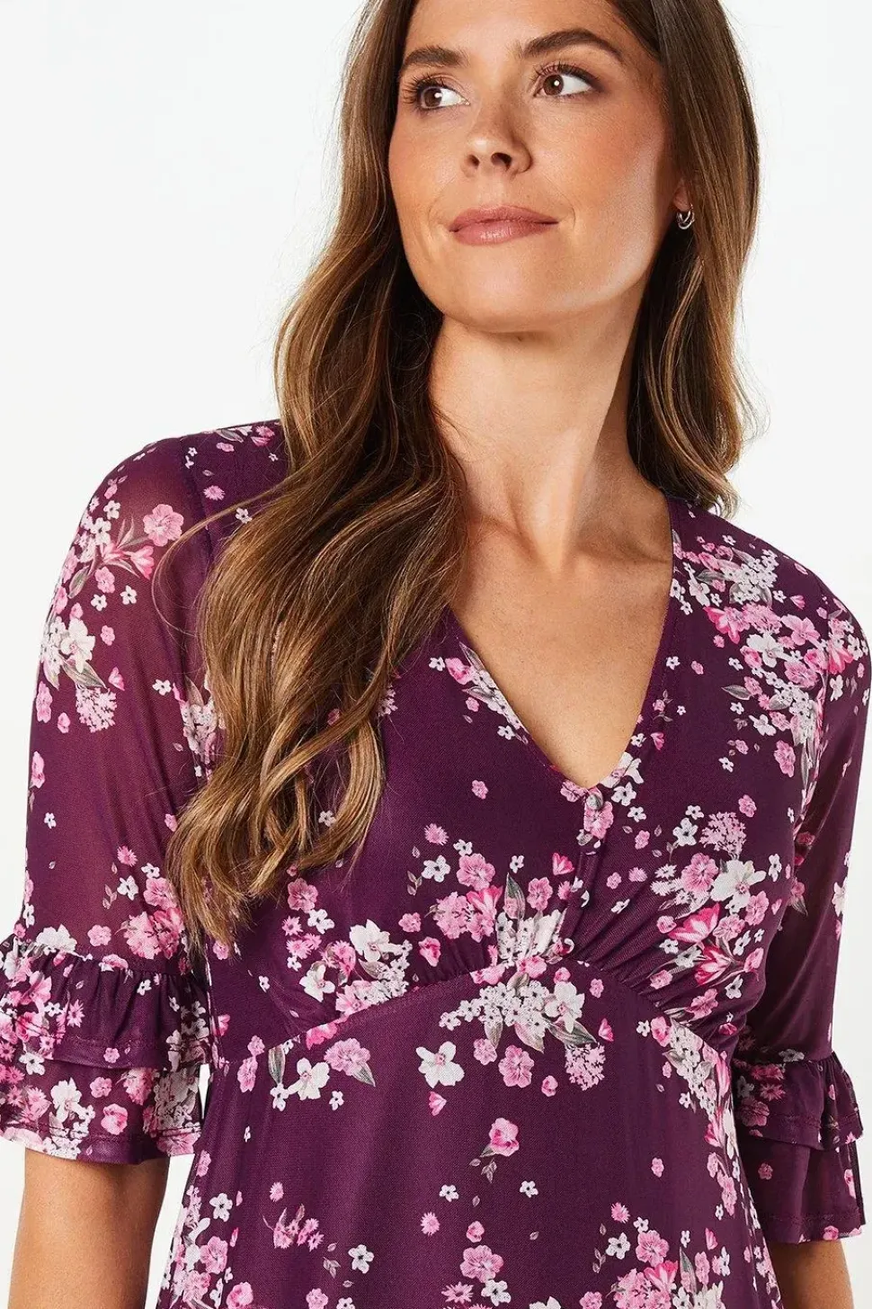 Floral Mesh Ruffle Sleeve Midaxi Dress