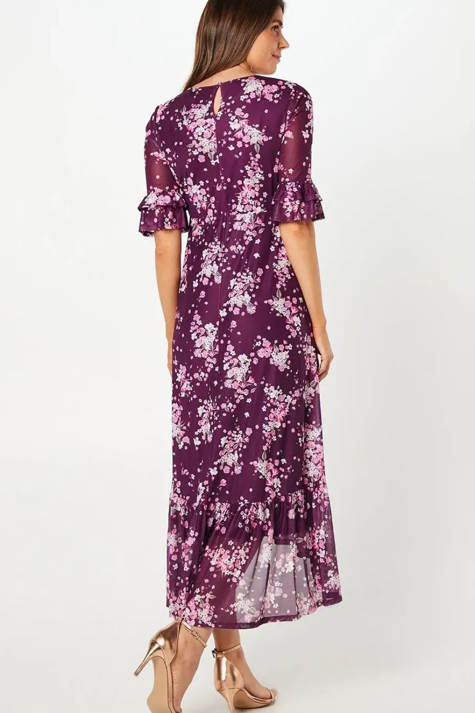 Floral Mesh Ruffle Sleeve Midaxi Dress