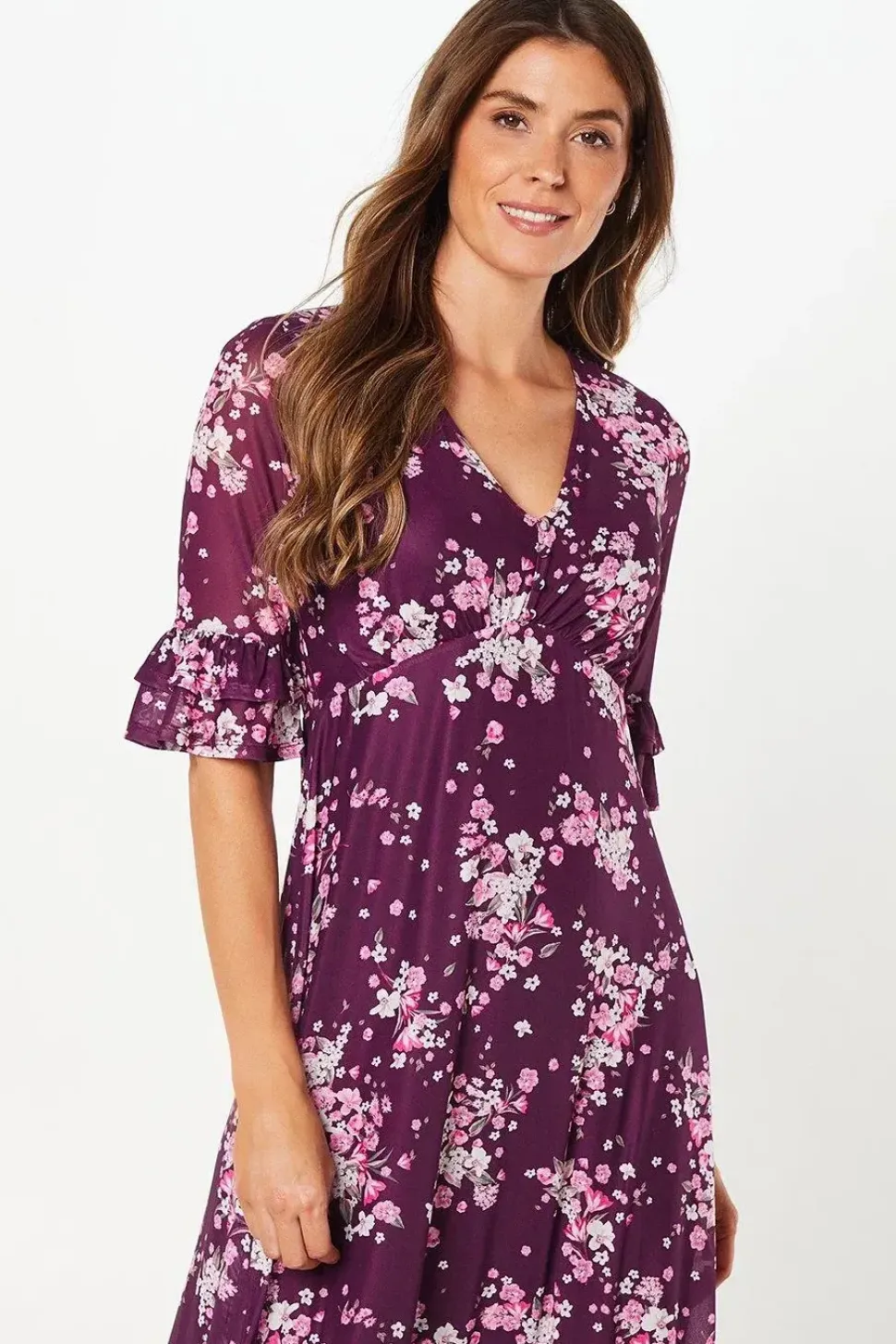 Floral Mesh Ruffle Sleeve Midaxi Dress