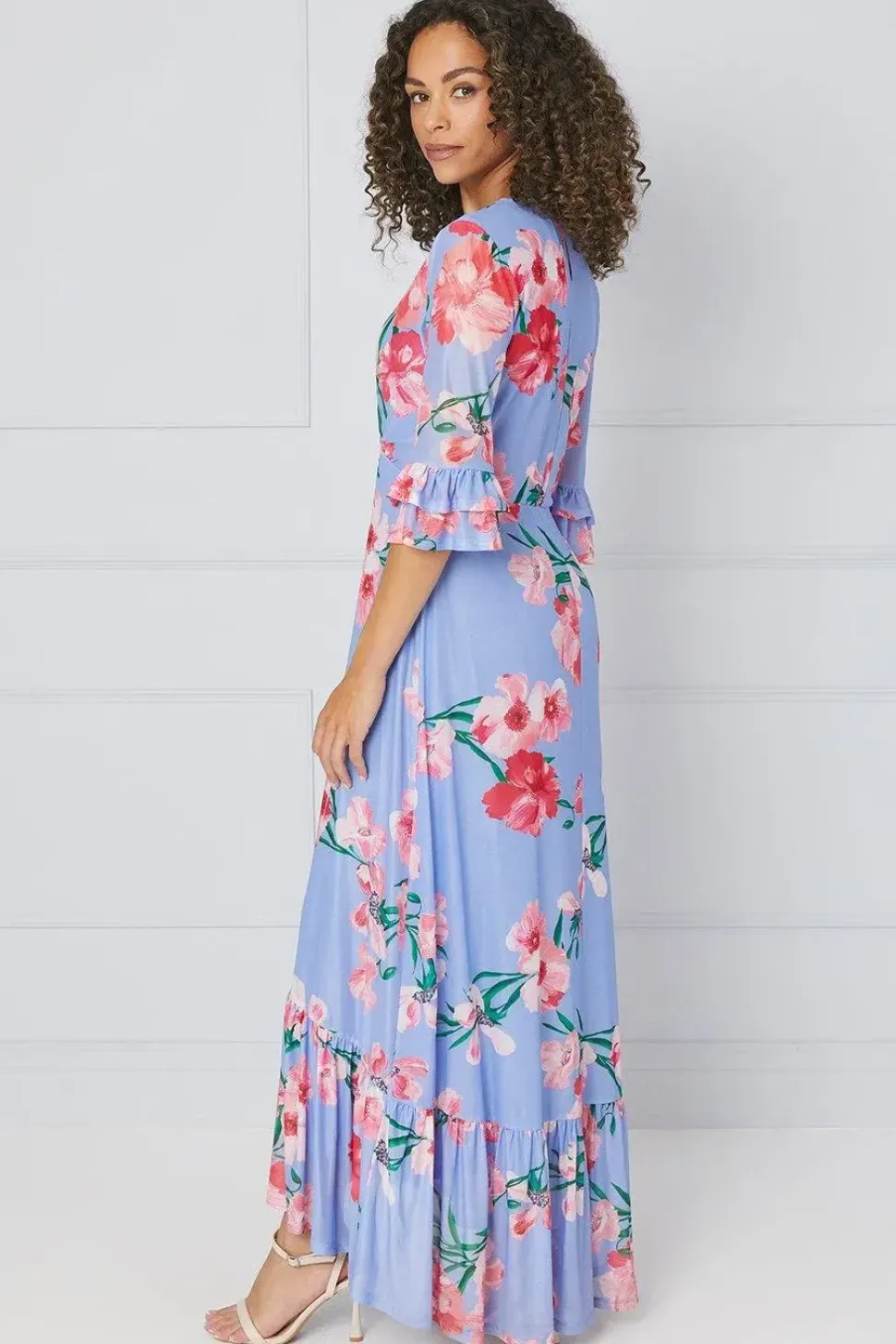 Floral Mesh Ruffle Sleeve Midaxi Dress
