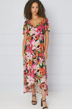 Floral Mesh Wrap Maxi Dress