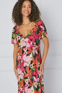 Floral Mesh Wrap Maxi Dress