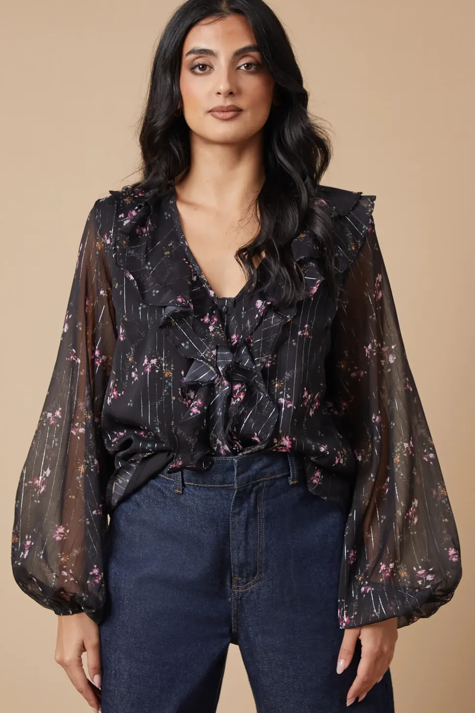 Floral Metallic Chiffon Ruffle Blouse