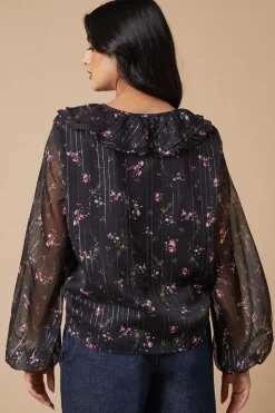 Floral Metallic Chiffon Ruffle Blouse