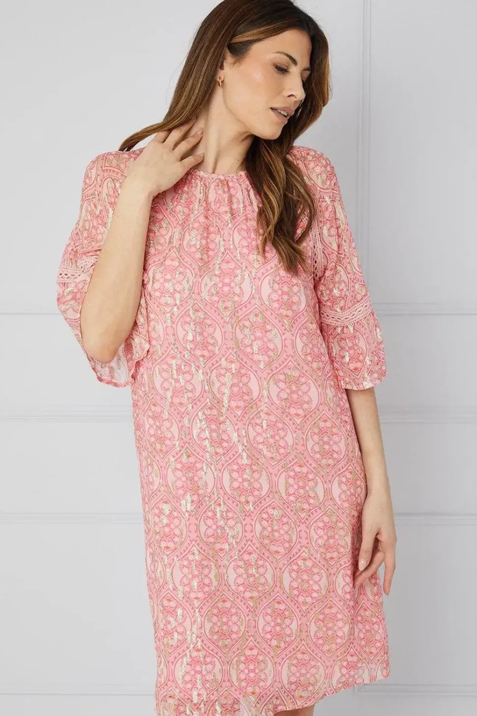 Floral Metallic Lace Trim Shift Dress