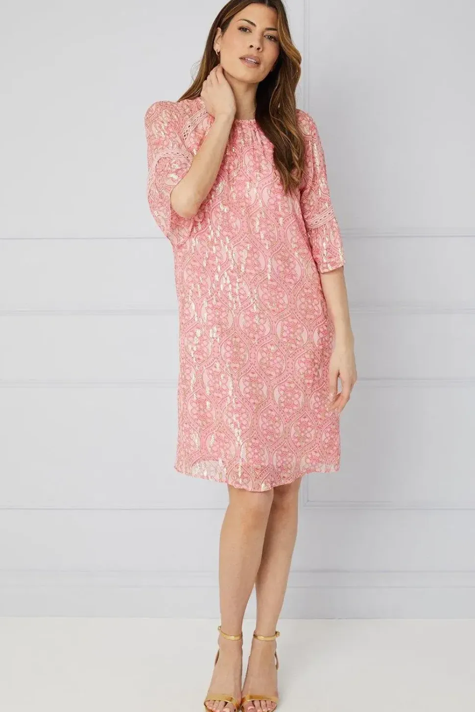 Floral Metallic Lace Trim Shift Dress