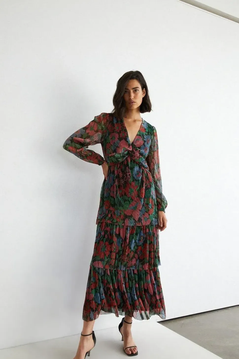Floral Metallic Plisse Tiered Twist Midi Dress